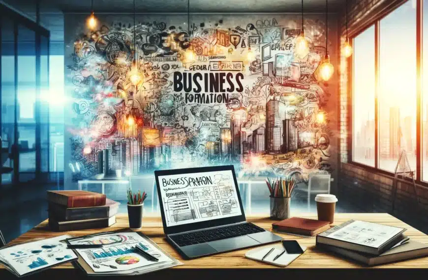 Die Seite für Anfänger - Firmengründung - A vibrant and energetic office scene dedicated to business formation, featuring a whiteboard with brainstorming ideas and business models. The desk is