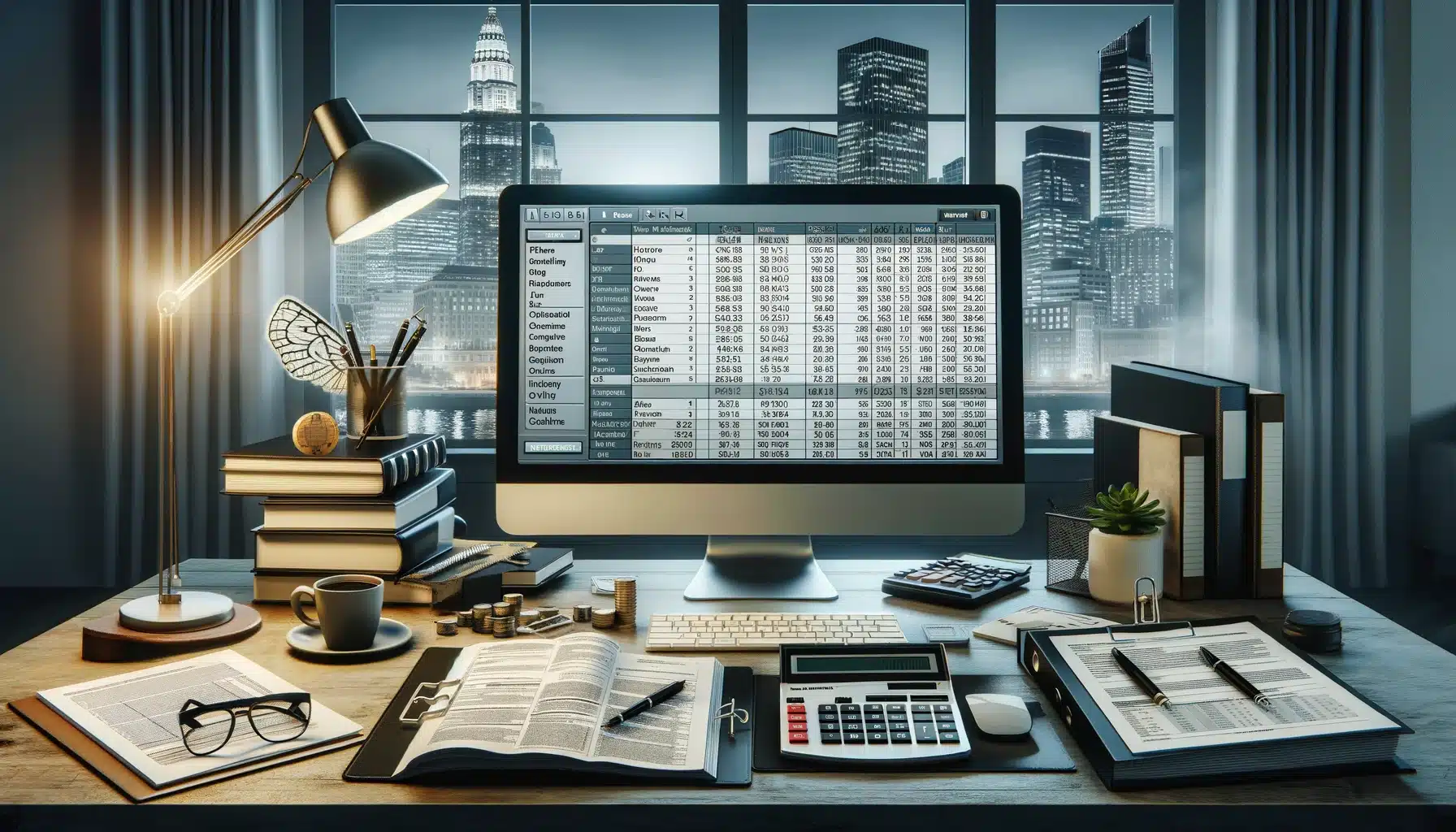 Die Seite für Anfänger - Steuern - A contemporary office setting focusing on tax preparation, featuring a large monitor displaying tax software and spreadsheets.